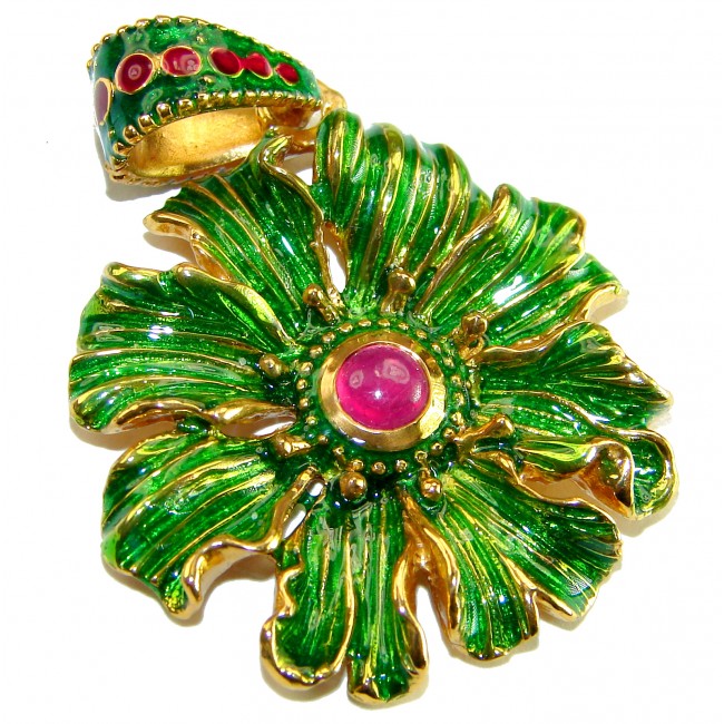 Countless Blessings Genuine 0.5 carat Authentic Ruby enamel 18K Gold over .925 Sterling Silver handmade Pendant - Green and gold floral pendant with a central ruby, top view.