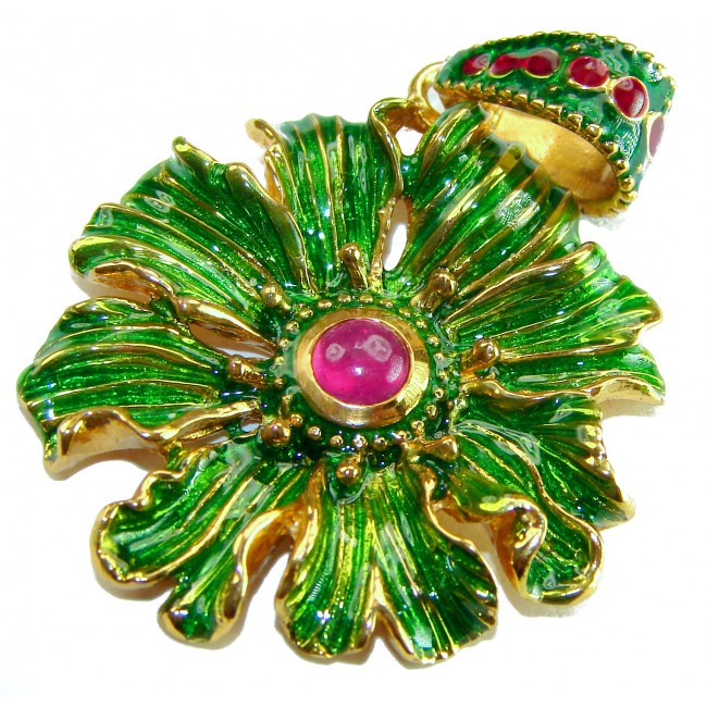 Countless Blessings Genuine 0.5 carat Authentic Ruby enamel 18K Gold over .925 Sterling Silver handmade Pendant - Floral pendant with ruby, green enamel detailing, top angle view.