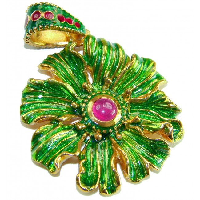 Countless Blessings Genuine 0.5 carat Authentic Ruby enamel 18K Gold over .925 Sterling Silver handmade Pendant - Flower-shaped pendant with green enamel and ruby, top view.