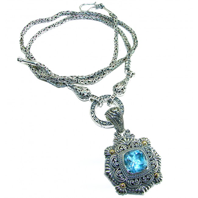 Atlantica 12.5 carat genuine Swiss Blue Topaz 2 tones .925 Sterling Silver handmade Statement necklace