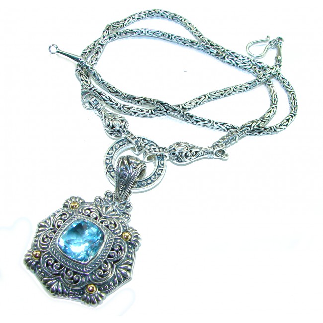 Atlantica 12.5 carat genuine Swiss Blue Topaz 2 tones .925 Sterling Silver handmade Statement necklace