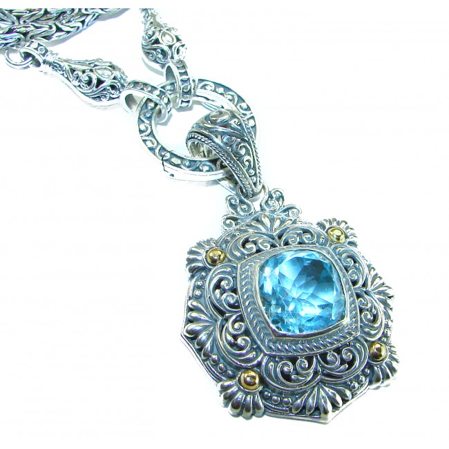 Atlantica 12.5 carat genuine Swiss Blue Topaz 2 tones .925 Sterling Silver handmade Statement necklace
