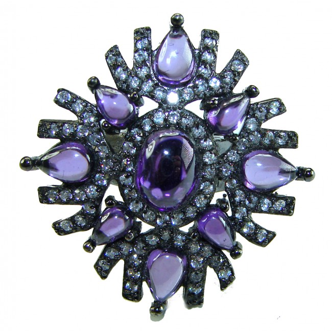 10.2 carat Amethyst black rhodium over .925 Sterling Silver Handcrafted Large Ring size 7 1/4 - Amethyst brooch, top view, black rhodium, .925 Sterling Silver.