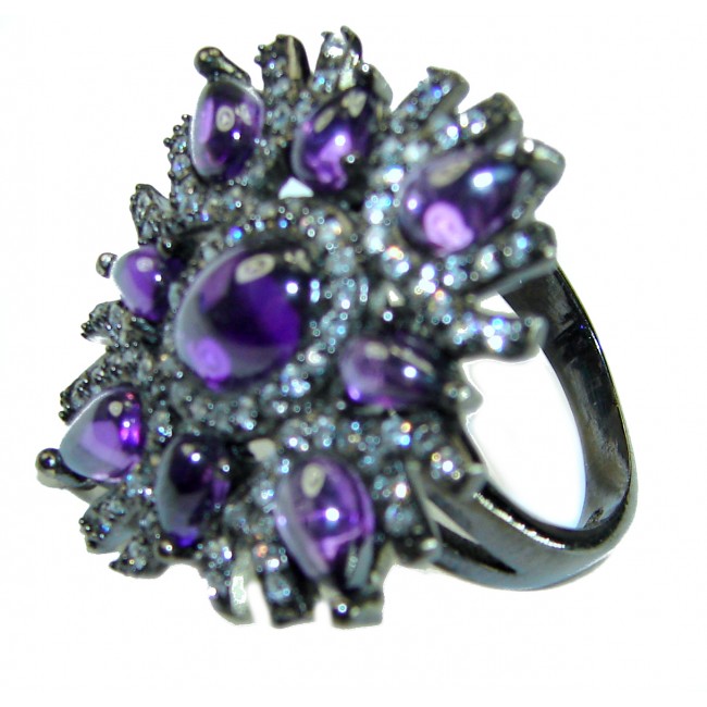 10.2 carat Amethyst black rhodium over .925 Sterling Silver Handcrafted Large Ring size 7 1/4 - Close-up of 10.2 carat amethyst ring, black rhodium over .925 sterling silver.