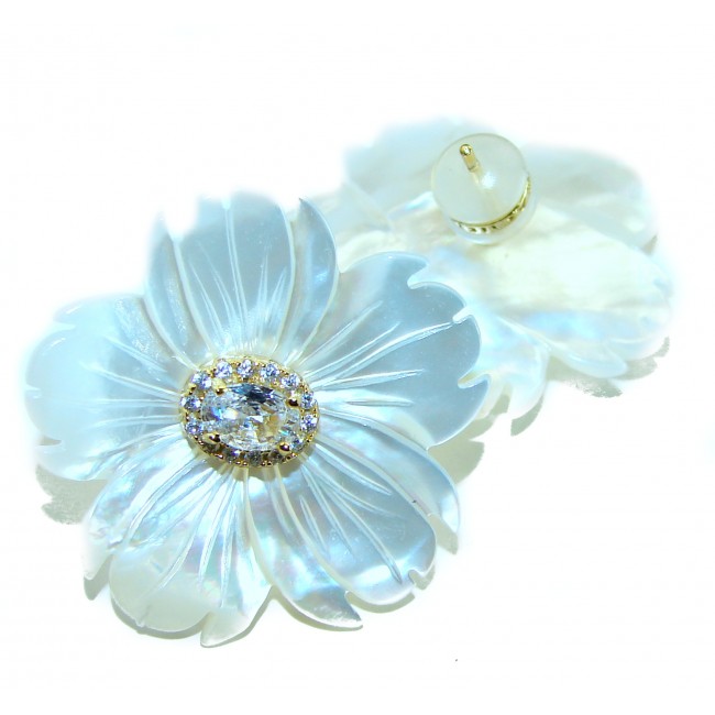 Genuine Blister Pearl 0.2 carat Lab Grown Diamond .925 Sterling Silver handcrafted Large Statement Earrings