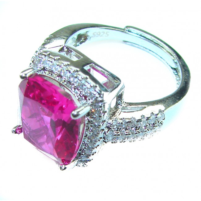 Blooming Beauty 8.8 carat baquette cut Pink Sapphire .925 Silver handcrafted Cocktail Ring s. 7 - Side view of Blooming Beauty ring with pink sapphire and diamond accents.
