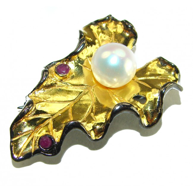 Natural Leaf Pearl 14K Gold black rhodium over .925 Sterling Silver handmade Brooch