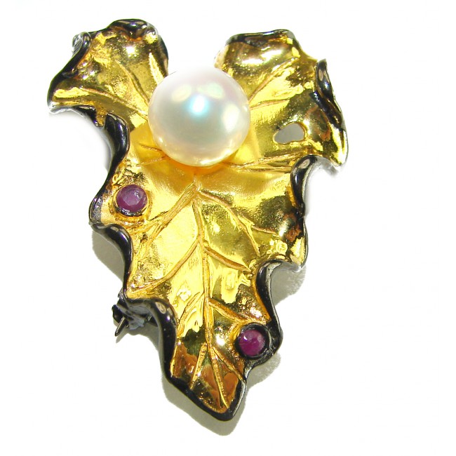 Natural Leaf Pearl 14K Gold black rhodium over .925 Sterling Silver handmade Brooch