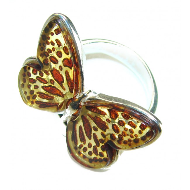Butterfly Authentic carved Baltic Amber .925 Sterling Silver handcrafted ring; s. 8 adjustable - Butterfly Baltic amber sterling silver ring, top view detail.
