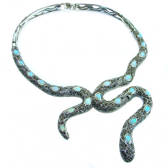 Large Snake genuine Australian Blue Opal Marcasite .925 Sterling Silver handcrafted necklace