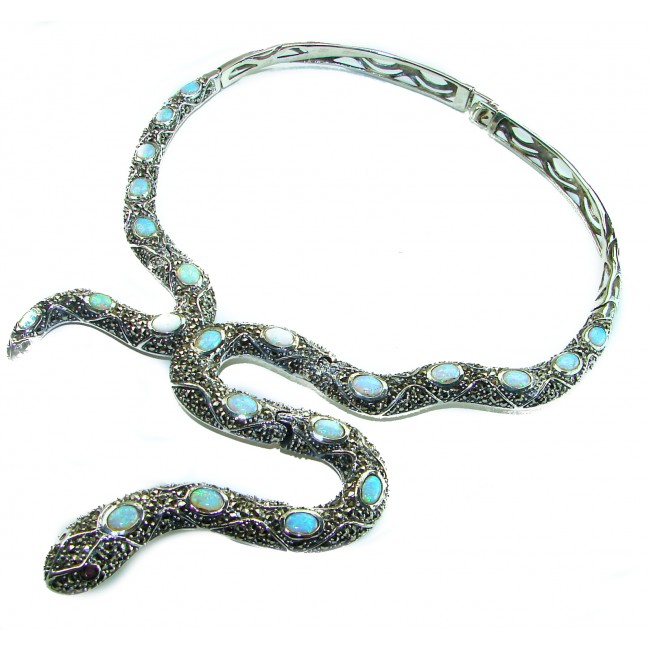 Large Snake genuine Australian Blue Opal Marcasite .925 Sterling Silver handcrafted necklace