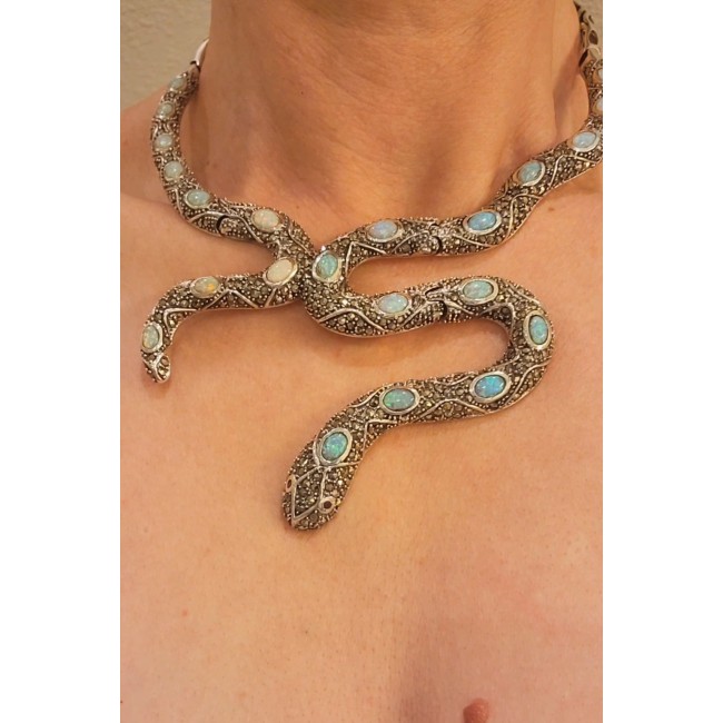 Large Snake genuine Australian Blue Opal Marcasite .925 Sterling Silver handcrafted necklace