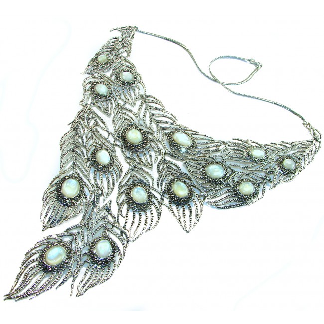 HUGE 102.9 grams Peacock Feather design genuine Blister Pearl .925 Sterling Silver handcrafted Necklace - photo 5
