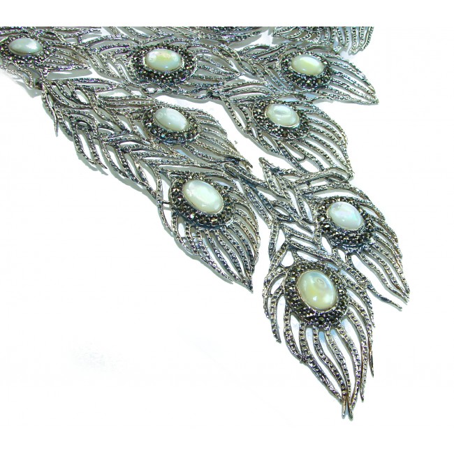 HUGE 102.9 grams Peacock Feather design genuine Blister Pearl .925 Sterling Silver handcrafted Necklace - photo 4