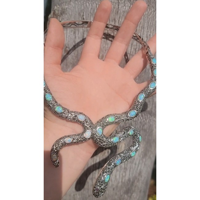 Large Snake genuine Australian Blue Opal Marcasite .925 Sterling Silver handcrafted necklace