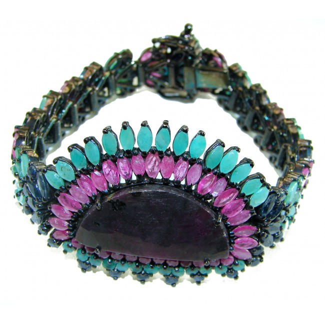 Gabriella 82.2 carat authentic Ruby black rhodium over .925 Sterling Silver handcrafted Statement Bracelet - Close-up of Gabriella Ruby bracelet with pink and teal gemstones