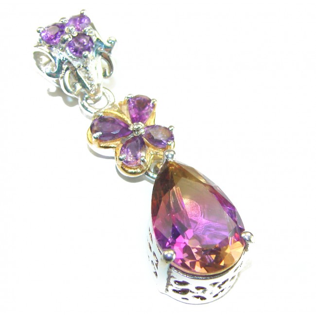 Rare baguette cut 12.5 carat authentic Ametrine 2 tones .925 Sterling Silver handmade Pendant