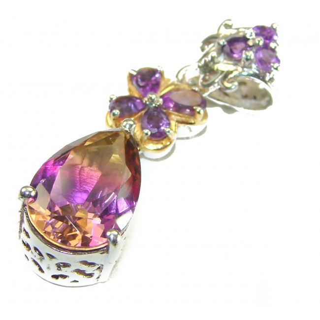 Rare baguette cut 12.5 carat authentic Ametrine 2 tones .925 Sterling Silver handmade Pendant