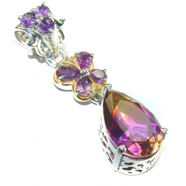 Rare baguette cut 12.5 carat authentic Ametrine 2 tones .925 Sterling Silver handmade Pendant