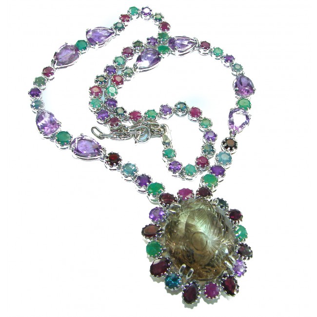 Outstanding carved 145.5 carat Smoky Topaz .925 Sterling Silver handcrafted Statement necklace - photo 3