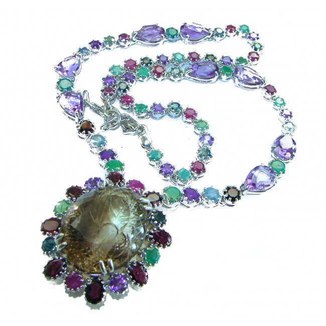 Outstanding carved 145.5 carat Smoky Topaz .925 Sterling Silver handcrafted Statement necklace - photo 2