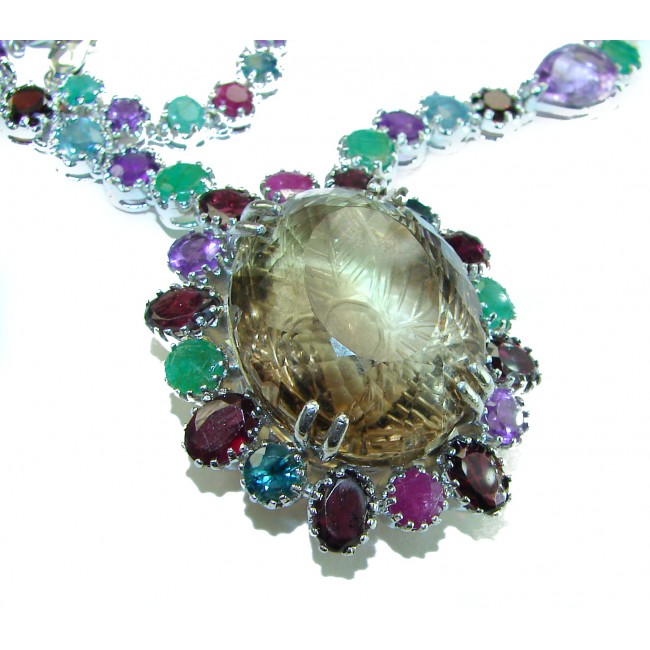 Outstanding carved 145.5 carat Smoky Topaz .925 Sterling Silver handcrafted Statement necklace - photo 1