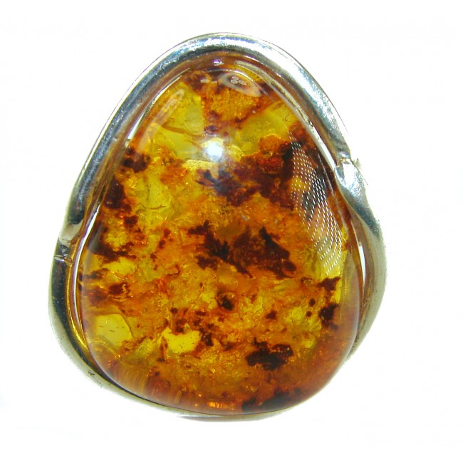 Huge Beauty of the Nature Cognac Baltic Amber .925 Sterling Silver handcrafted ring; s. 7 adjustable - Close-up of cognac Baltic amber set in sterling silver.