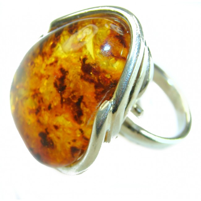 Huge Beauty of the Nature Cognac Baltic Amber .925 Sterling Silver handcrafted ring; s. 7 adjustable - Close-up of cognac Baltic amber ring with silver setting