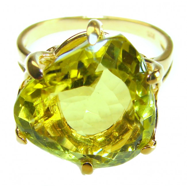 10.8 carat Genuine Lemon Quartz 14K Gold over .925 Sterling Silver handcrafted ring size 9 - Close-up of 10.8 carat lemon quartz ring in 14K gold over sterling silver.