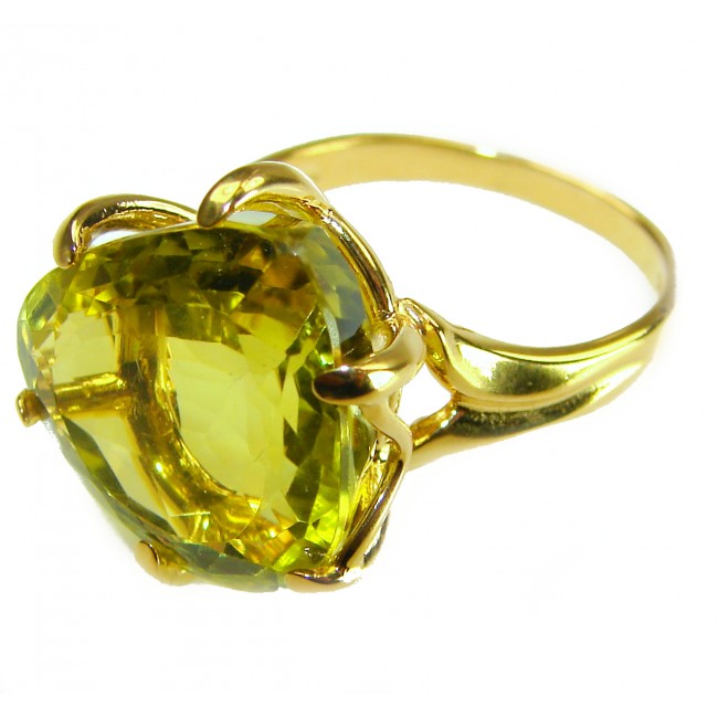 10.8 carat Genuine Lemon Quartz 14K Gold over .925 Sterling Silver handcrafted ring size 9 - Side view of 10.8 carat lemon quartz ring in 14K gold over sterling silver