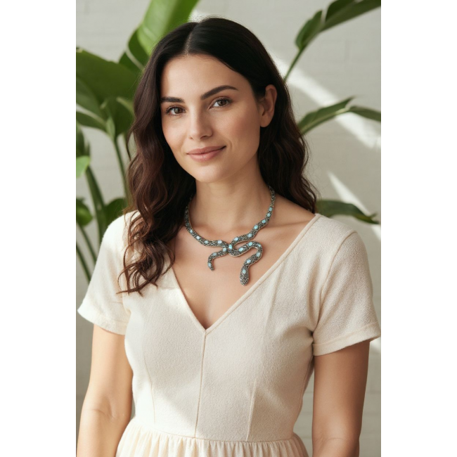 Large Snake genuine Australian Blue Opal Marcasite .925 Sterling Silver handcrafted necklace