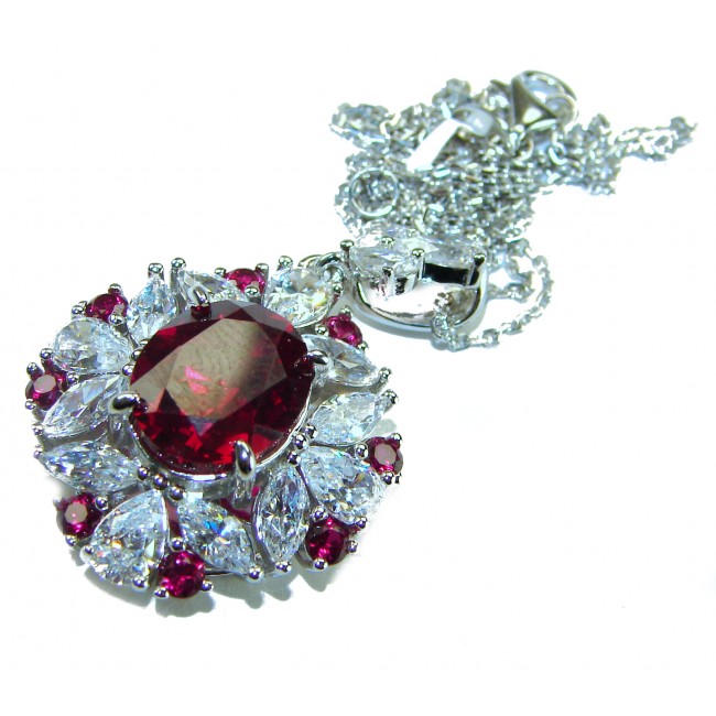 Luxurious natural 21.5 carat Ruby .925 Sterling Silver handmade Statement necklace - Close-up of luxurious ruby pendant in sterling silver setting.