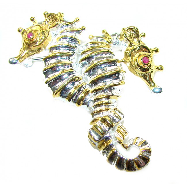 Two Seahorses Excellent 0.5 carat Ruby 14K Gold over .925 Sterling Silver handcrafted Pendant Brooch