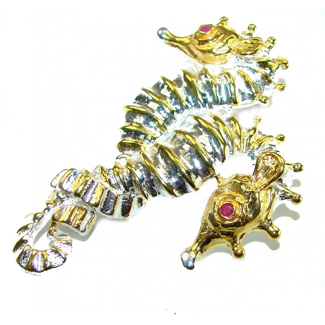 Two Seahorses Excellent 0.5 carat Ruby 14K Gold over .925 Sterling Silver handcrafted Pendant Brooch