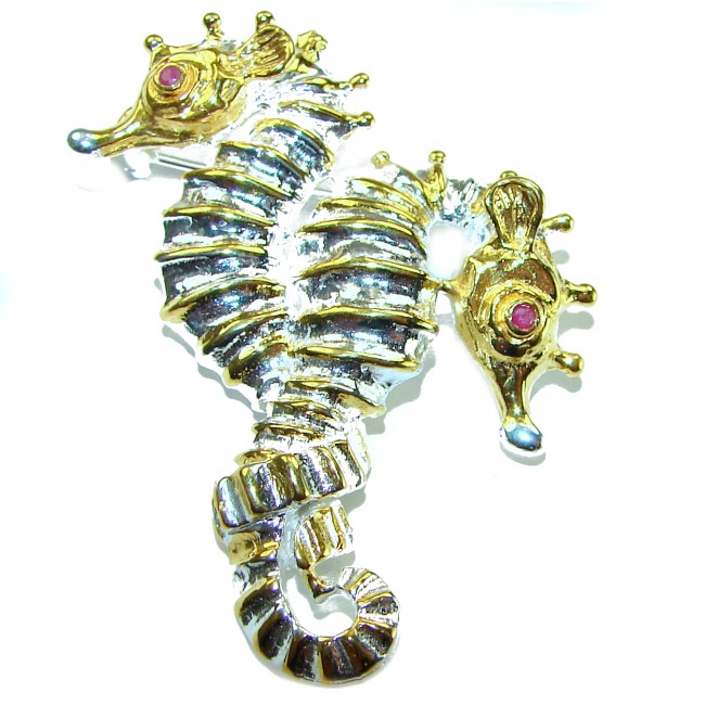 Two Seahorses Excellent 0.5 carat Ruby 14K Gold over .925 Sterling Silver handcrafted Pendant Brooch