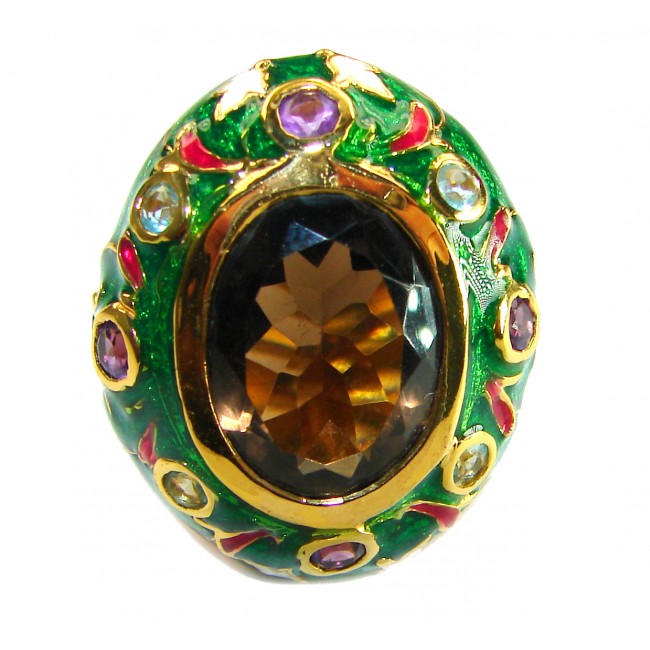 Serenity 18.5 carat Champagne Smoky Topaz Ruby green enamel 18K Gold over .925 Sterling Silver HUGE Ring size 7 - photo 2