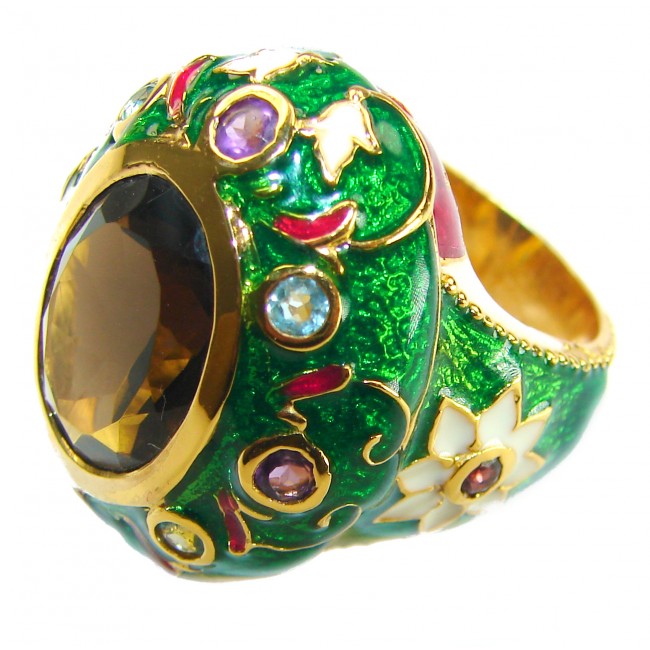 Serenity 18.5 carat Champagne Smoky Topaz Ruby green enamel 18K Gold over .925 Sterling Silver HUGE Ring size 7 - photo 1