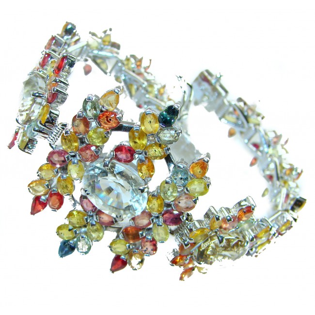 Magnificent 102.5 carat yellow Sapphire .925 Sterling Silver handcrafted Bracelet - Close-up of multi-colored sapphire bracelet in sterling silver.