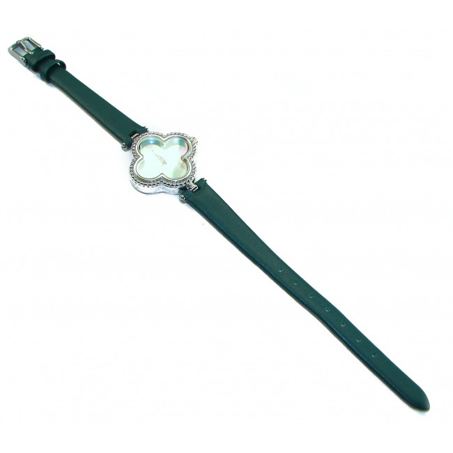 Precious 18.5 carat Authentic Four Leaf Clover Blister Pearl Genuine Leather strap .925 Sterling Silver handmade Watch - photo 3