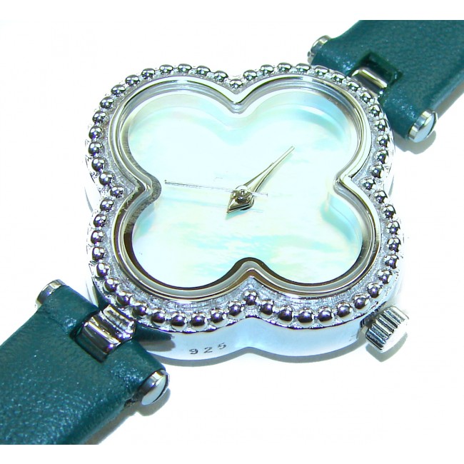 Precious 18.5 carat Authentic Four Leaf Clover Blister Pearl Genuine Leather strap .925 Sterling Silver handmade Watch - photo 1