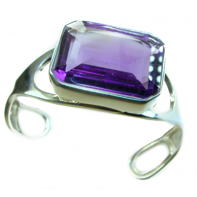 Prodigy - Real Treasure- Genuine 55.6 CARAT Amethyst .925 Sterling Silver handcrafted Bracelet / Cuff - Amethyst ring close-up, rectangular stone with silver band.
