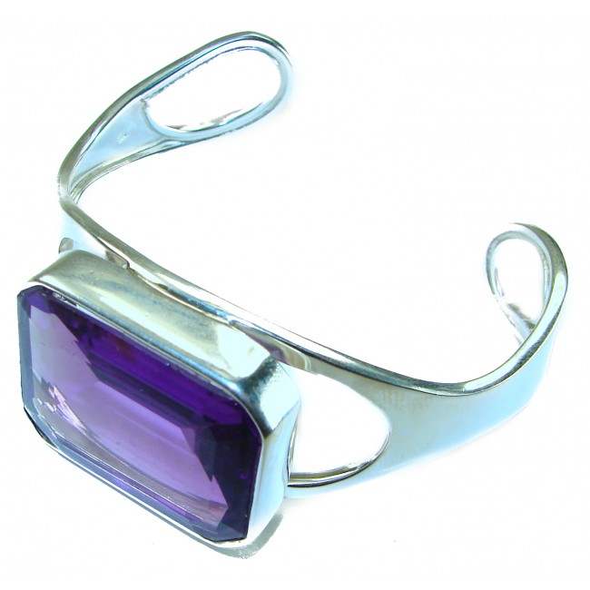 Prodigy - Real Treasure- Genuine 55.6 CARAT Amethyst .925 Sterling Silver handcrafted Bracelet / Cuff - Side view of silver cuff with 55.6 carat amethyst stone.