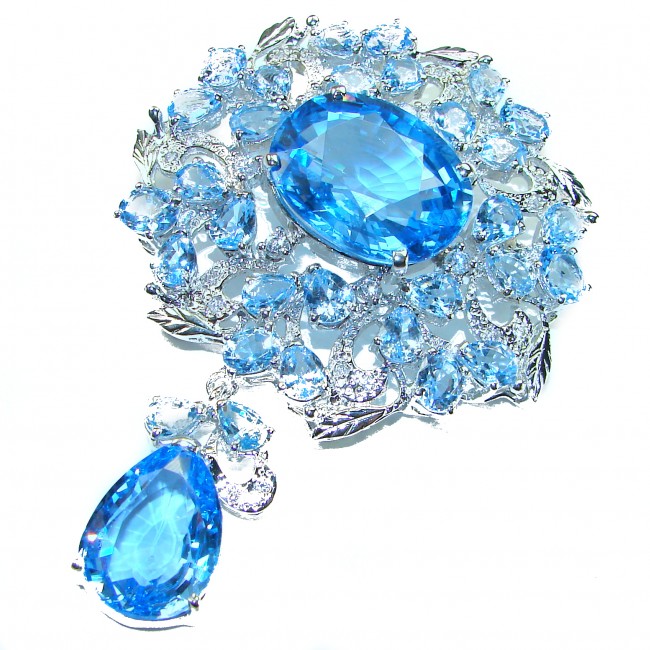 An exuberantly Large 64.9 grams Vintage style Swiss Blue Topaz .925 Sterling Silver handmade LARGE Pendant - Brooch - photo 4