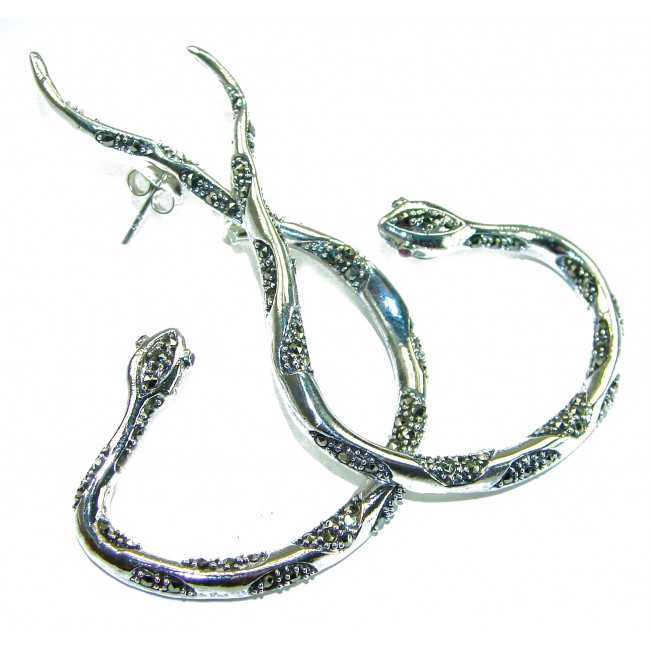 Large Snakes Ruby Marcasite .925 Sterling Silver wrap Earrings
