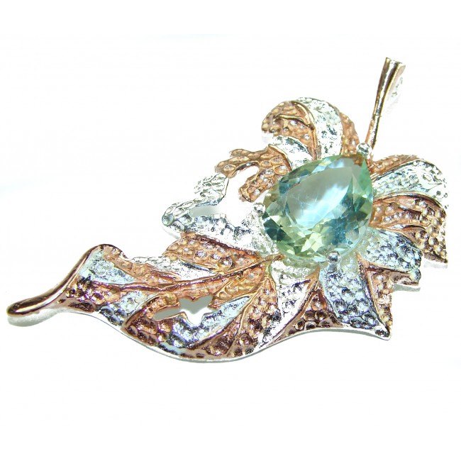 Precous Leaf Genuine Green Amethst 18K Gold over .925 Sterling Silver handcrafted Statement pendant - Leaf pendant with green amethyst, top view, detailed texture visible.