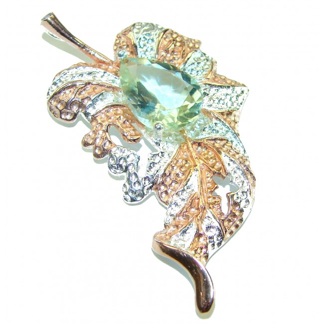 Precous Leaf Genuine Green Amethst 18K Gold over .925 Sterling Silver handcrafted Statement pendant - Leaf-shaped brooch with green amethyst, top view.
