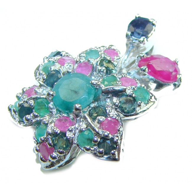 Authentic 10.5 carat Ruby Emerald Sapphire .925 Sterling Silver handcrafted Pendant - Gemstone brooch in sterling silver, top view showing ruby, emerald, sapphire