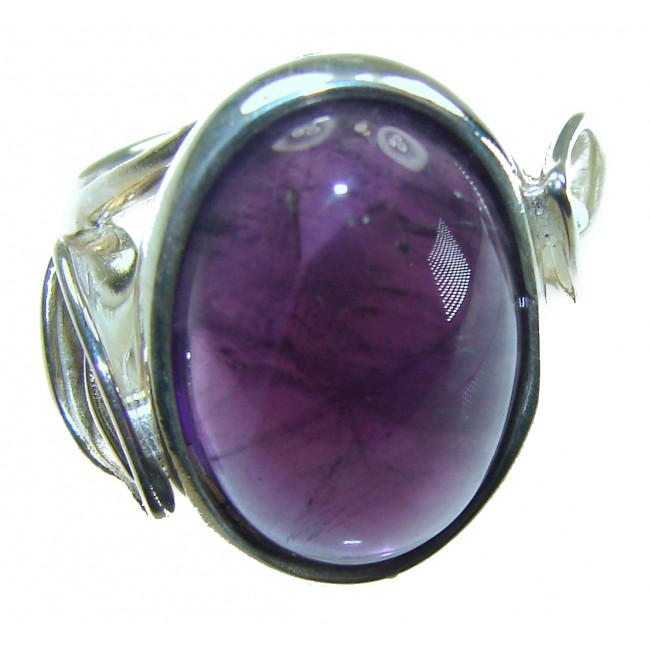 Purple Amethyst .925 Sterling Silver Handcrafted Large Ring size 7 1/2 - Close-up of large purple amethyst ring in sterling silver setting.