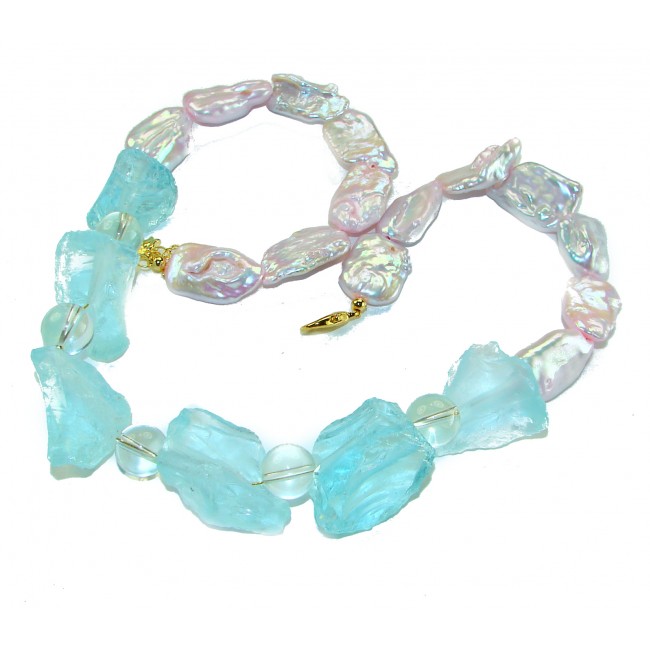 Sky and Ocean authentic rough Aquamarine Mother of Pearl 10k Gold over .925 Sterling Silver handcrafted STATEMENT Necklace - photo 2