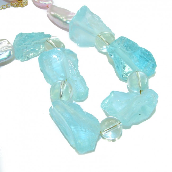 Sky and Ocean authentic rough Aquamarine Mother of Pearl 10k Gold over .925 Sterling Silver handcrafted STATEMENT Necklace - photo 1